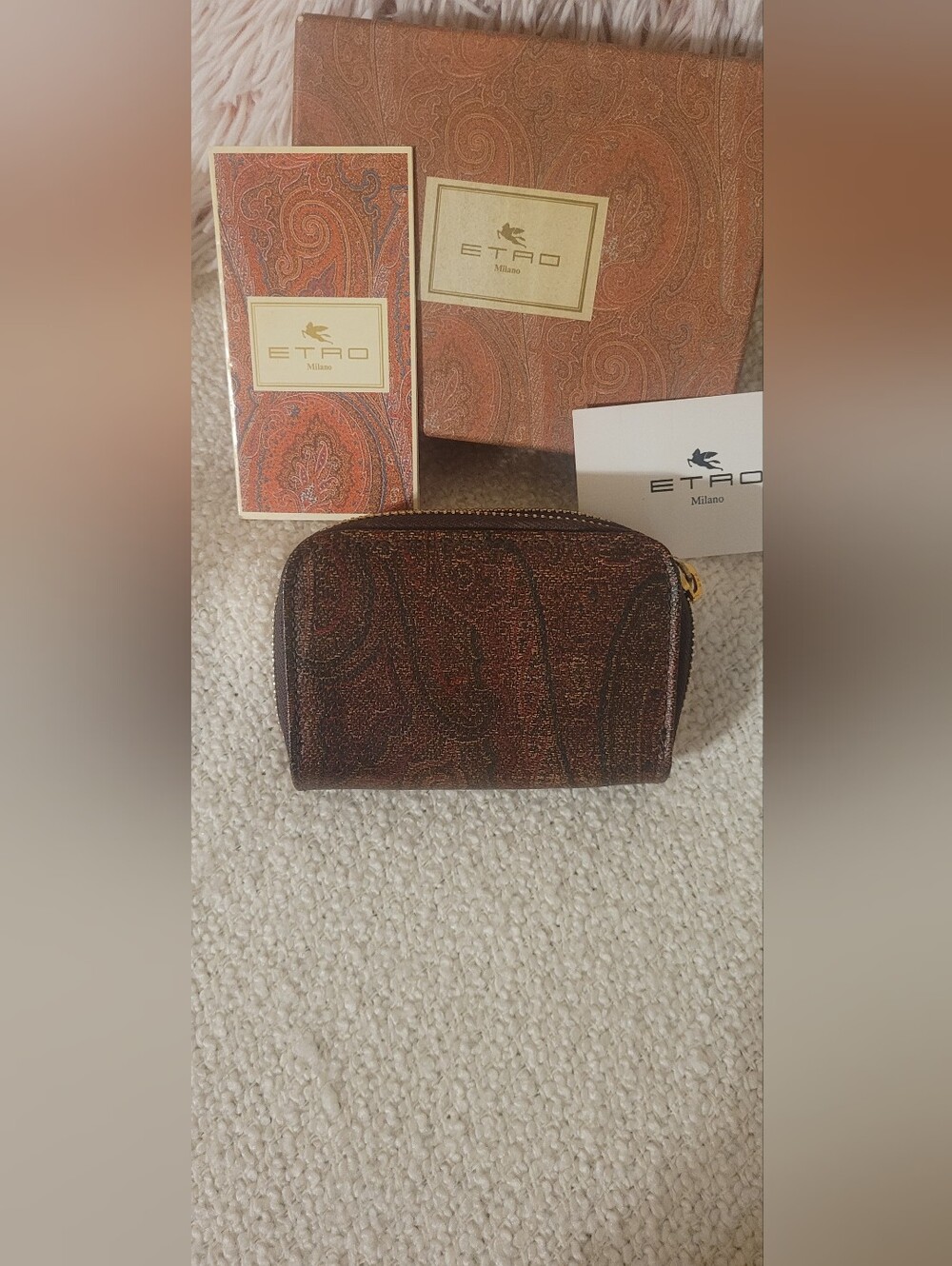 Etro Brown Paisley Zip Card Holder with Gold Zipper